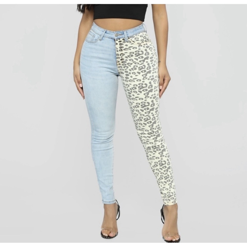 Fashion Nova Leopard Print Skinny Jeans Women's 5 Blue Mid Rise NWT I0183
